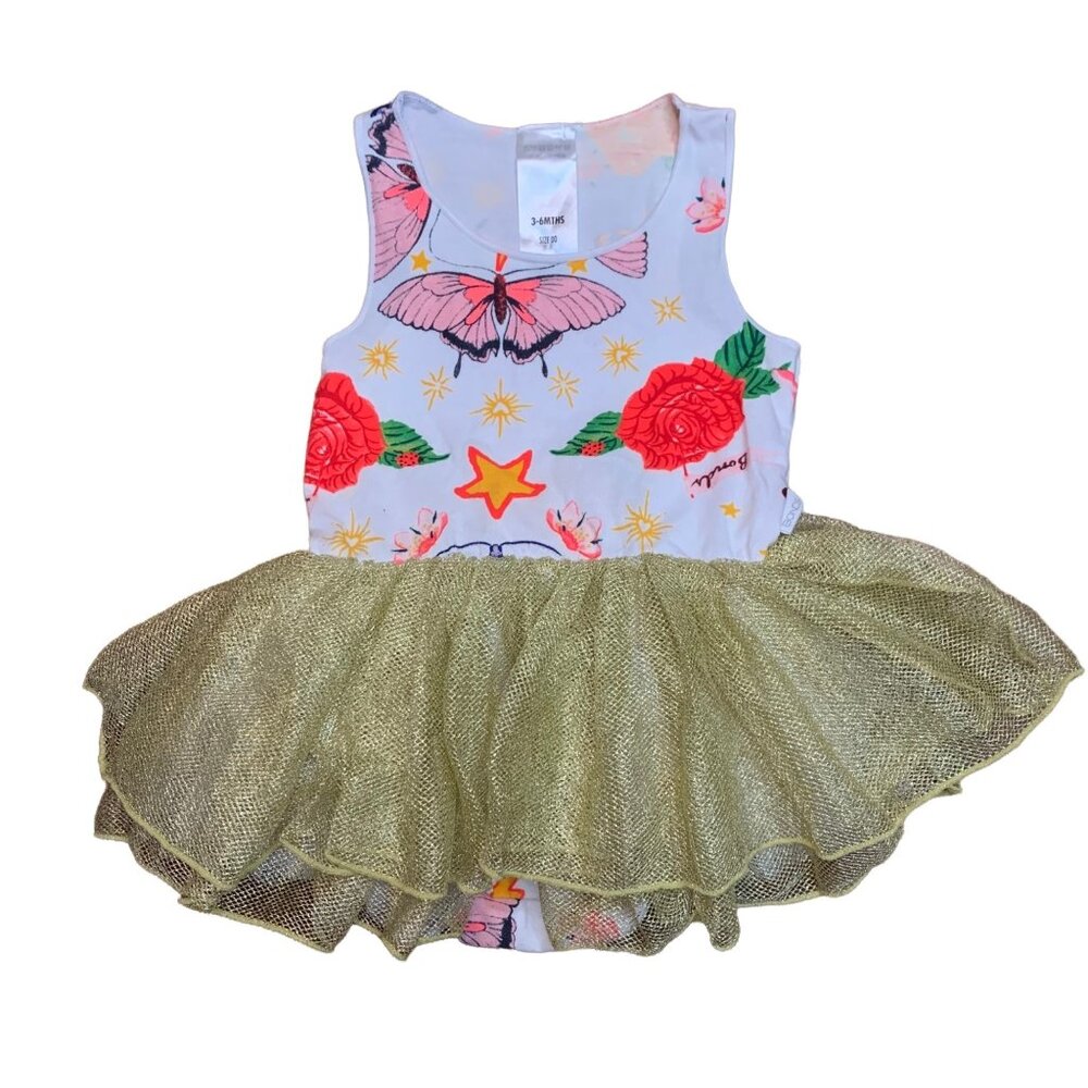 BONDS Butterfly Tutu Dress Baby Girls 3-6M 00 Wondersuit Neon Gold Tulle Romper